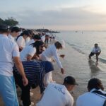 Pelepasliaran anak penyu di pantai belakang The Meru Sanur, Sabtu (23/5/2026) (Foto: djo)