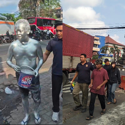 Satpol PP Kota Denpasar mengamankan "manusia silver" saat menggelar SABERGEP di sejumlah titik wilayah Kota Denpasar pada Jumat (11/9/2026). (Foto: HumasDps)