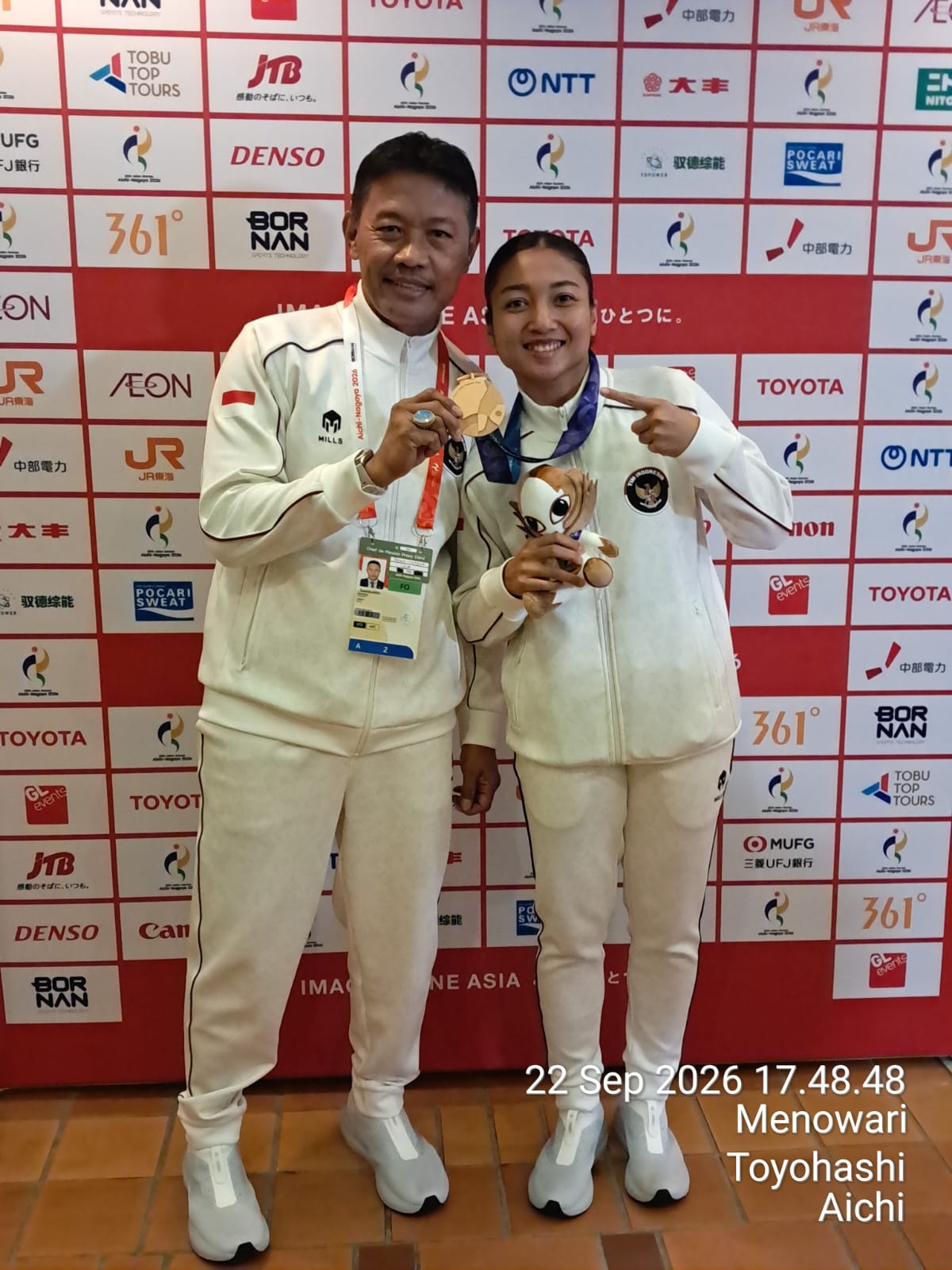 Cok Istri Agung Sanistyrani saat meraih medali perunggu Asian Games 2026 dari nomor kumite -55 kilogram yang dimainkan di Toyohashi City General Gymnasium, Jepang, Selasa (22/9/2026). (Foto: Ardy)